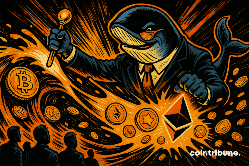 Une baleine-financier domine une vague de Bitcoins se transformant en Ether et altcoins, entourée de silhouettes émerveillées.