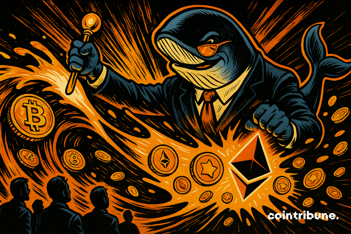 A whale-financier dominates a wave of Bitcoins transforming into Ether and altcoins, surrounded by silhouettes of wonder.