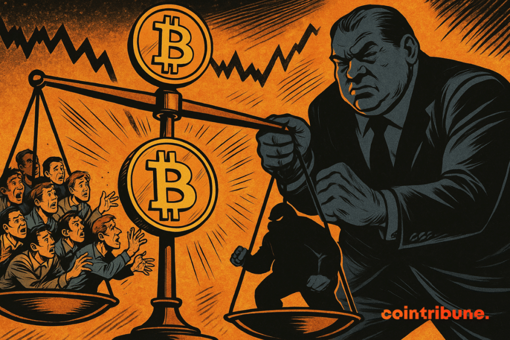 A huge whale dominates a scale against small hodlers, luminous Bitcoin at the center, tension and suspense visible everywhere.