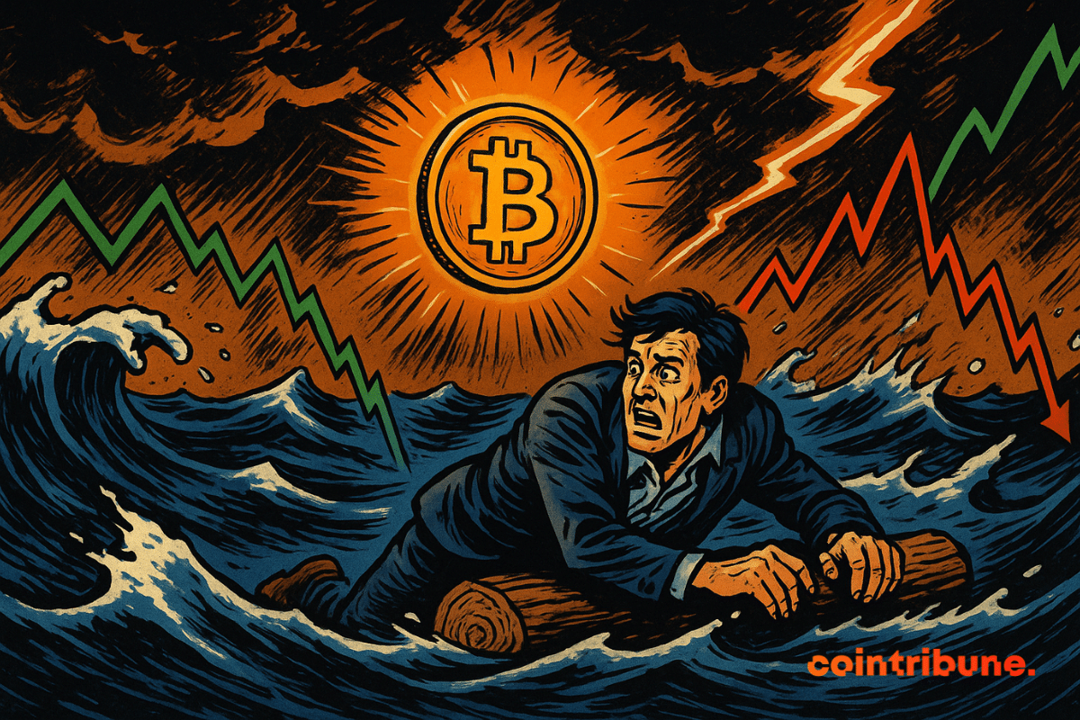 Inversor a bordo, gráfico de ondas, Bitcoin brillante arriba, tormenta oscura, relámpagos naranjas y blancos, tensión, caos, líneas de movimiento dinámico.
