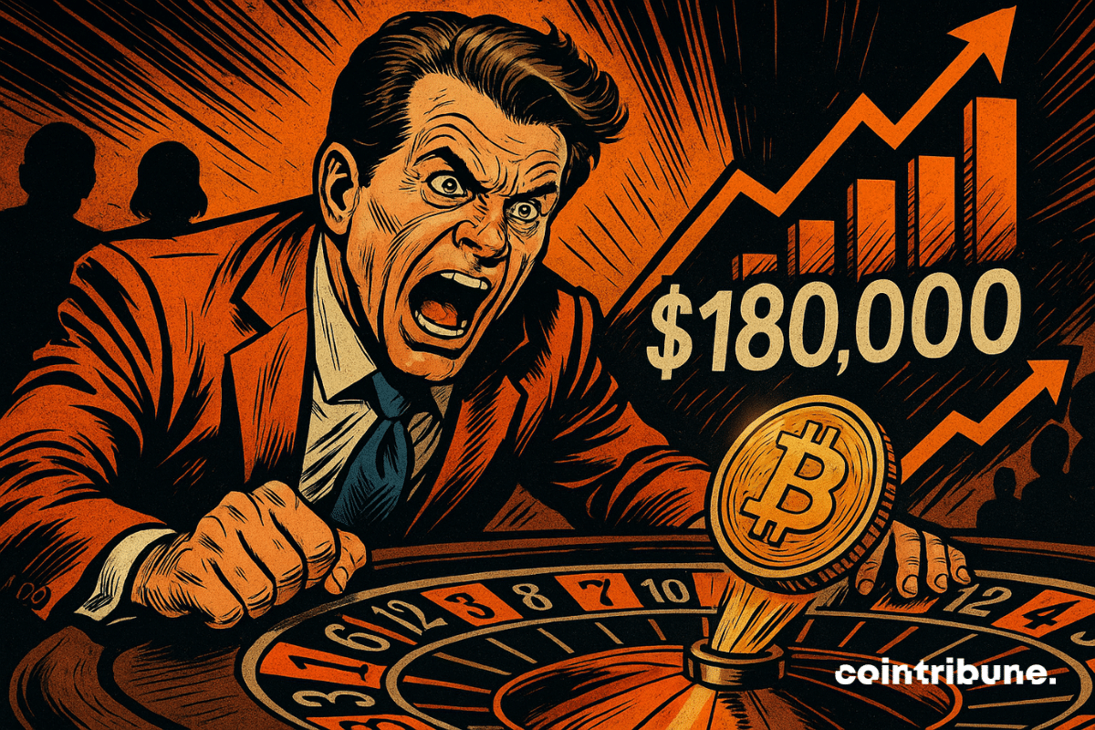 Anthony Scaramucci, focado, aposta em un roleta de Bitcoin, números “$ 180,000”, jogadores desfocados, tensão, suspense, motion, audácia, luminação dramático.