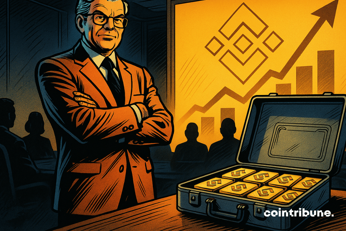 A confident businessman in an orange suit stands before a glowing Binance chart and a briefcase filled with BNB gold bars.