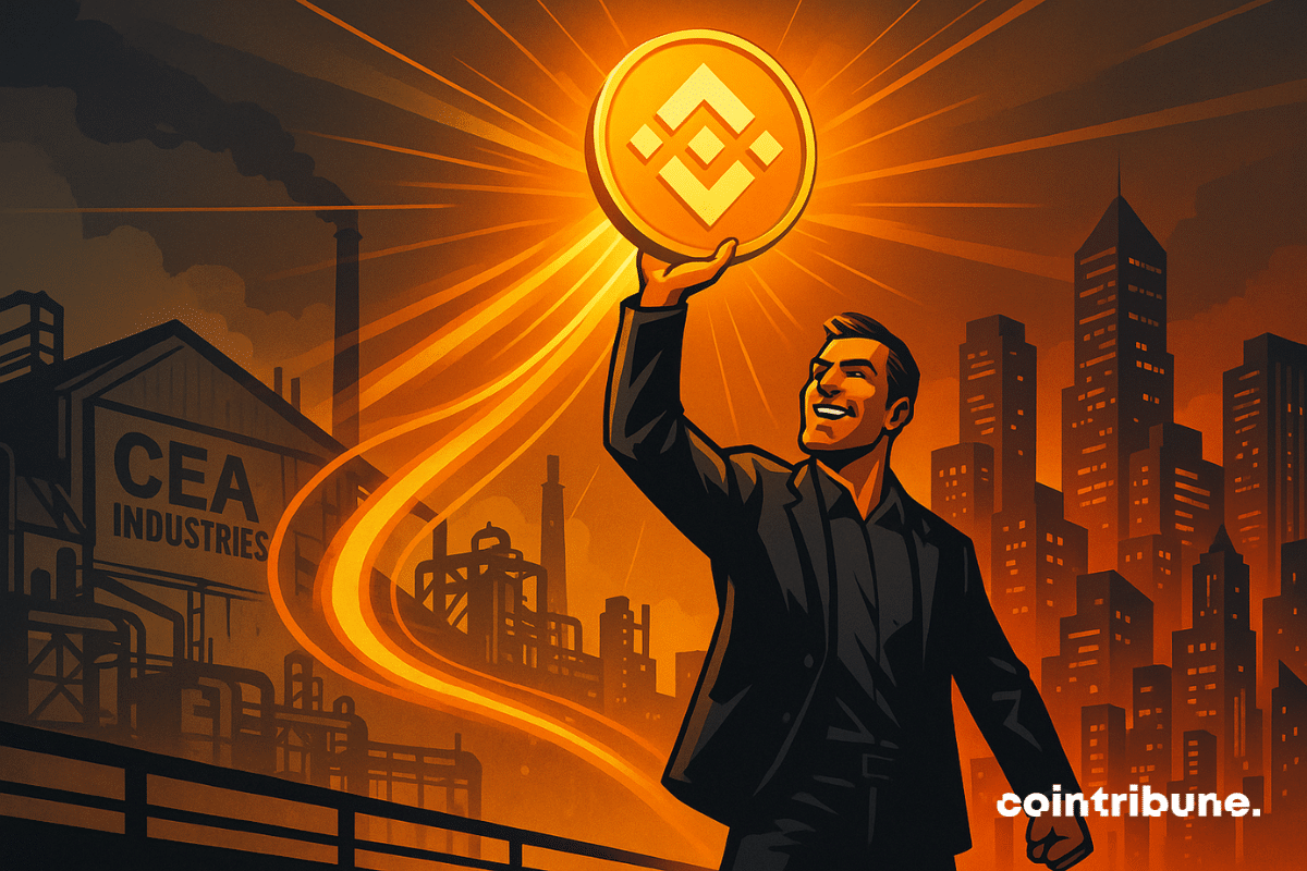 A business executive in a dark suit stands on an industrial platform, holding up a BNB token