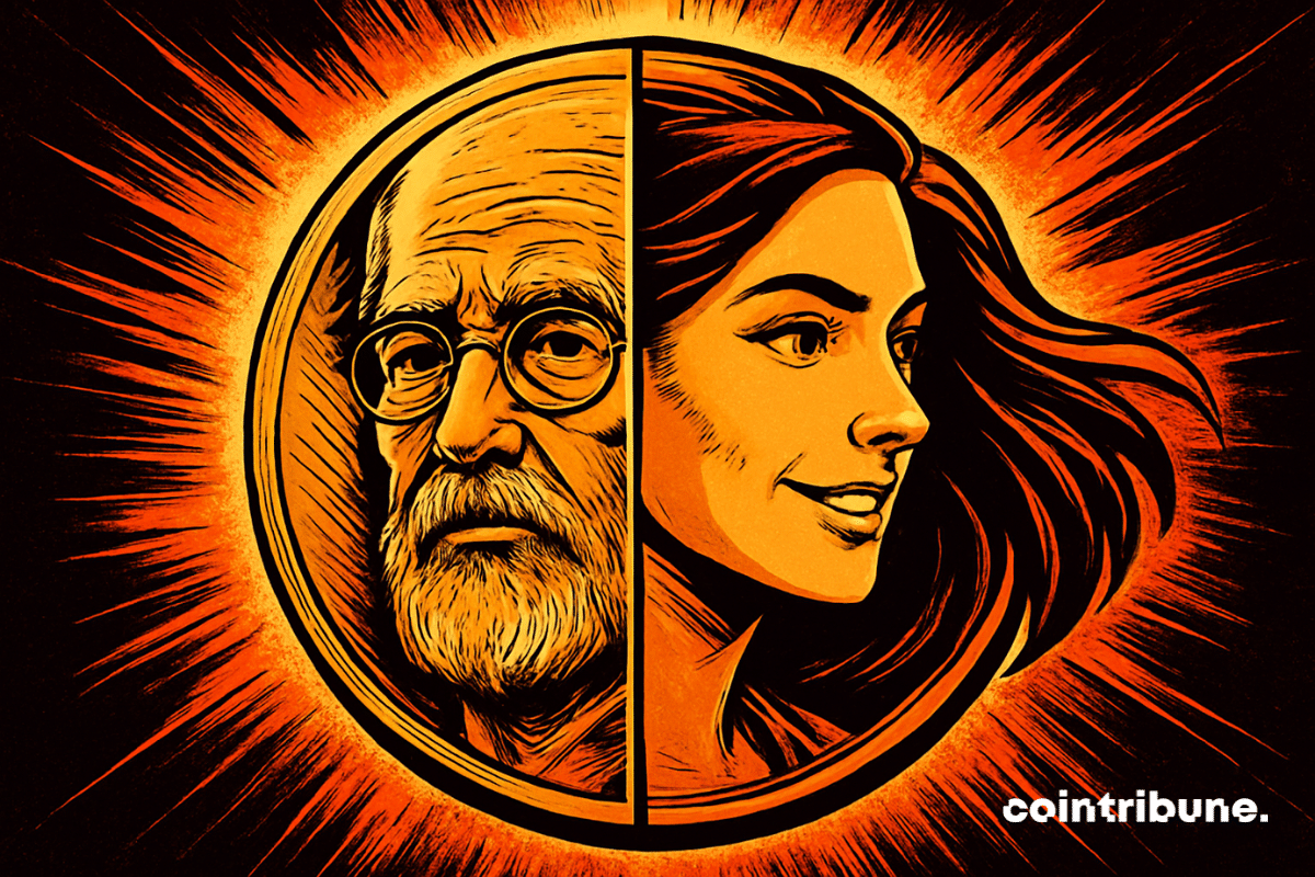 Una moneda de Bitcoin dividida muestra a un hombre mayor a la izquierda y a una mujer joven a la derecha, brillando en estilo cómic naranja y negro.