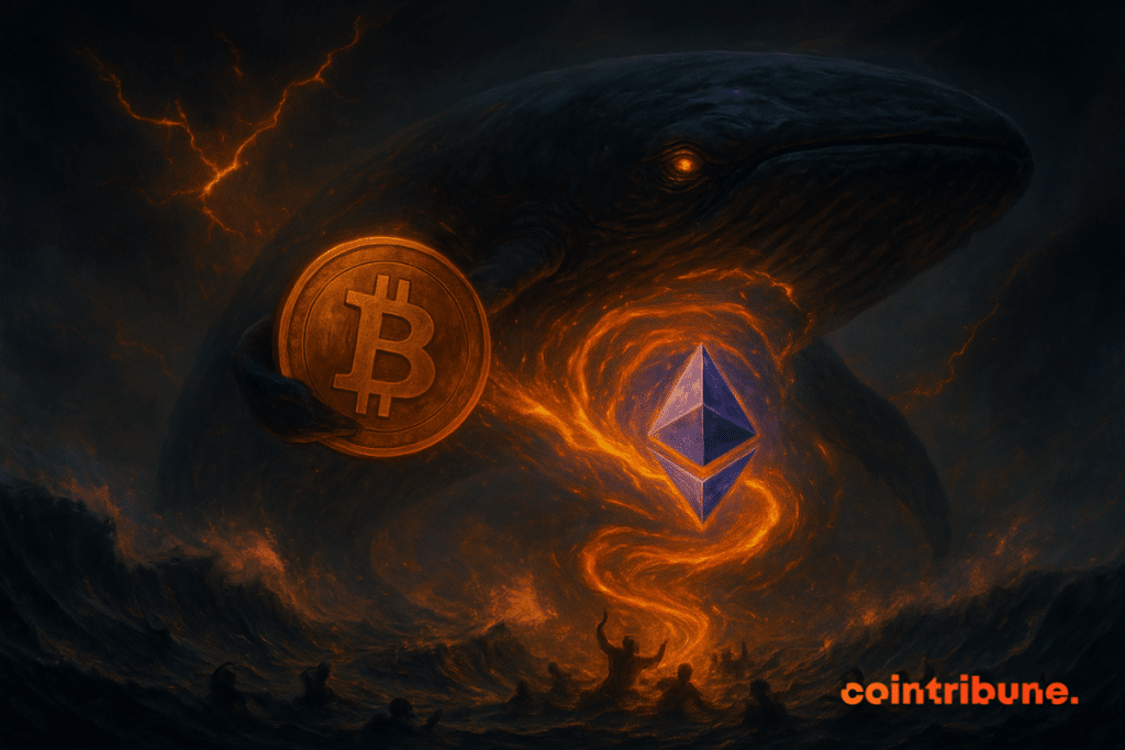 A giant whale with glowing orange eyes emerges from stormy waves, holding a Bitcoin while Ethereum floats in a fiery vortex, as tiny traders struggle below.