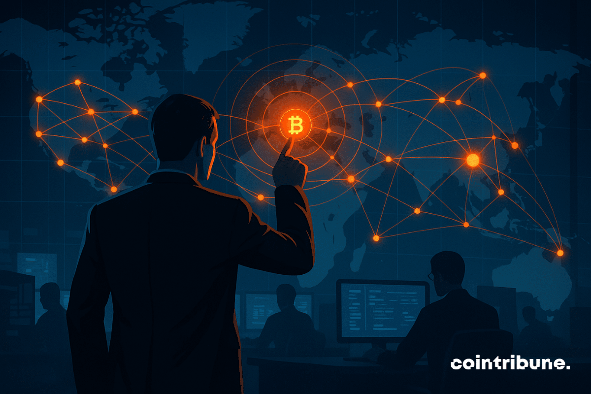 Agente de ciberseguridad de Beacon Network que apunta a una alerta en un mapa global que representa una red de seguimiento de criptomonedas.