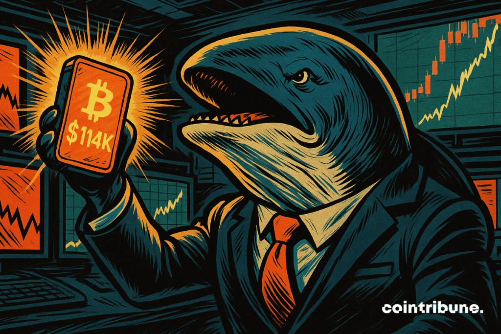 Baleia antropomórfica de terno segurando um dispositivo brilhante mostrando Bitcoin a US$ 114 mil em uma sala de negociação.