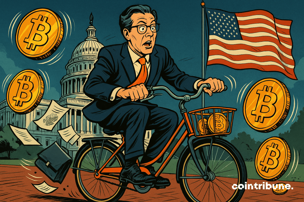 Scott Bessent pedala para trás de forma exagerada, com o tronco levemente inclinado para trás, os olhos arregalados e a boca entreaberta em sinal de uma reviravolta repentina. Moedas gigantes de Bitcoin flutuam ao seu redor, algumas parecendo sair de seus bolsos ou da cesta dianteira da bicicleta.