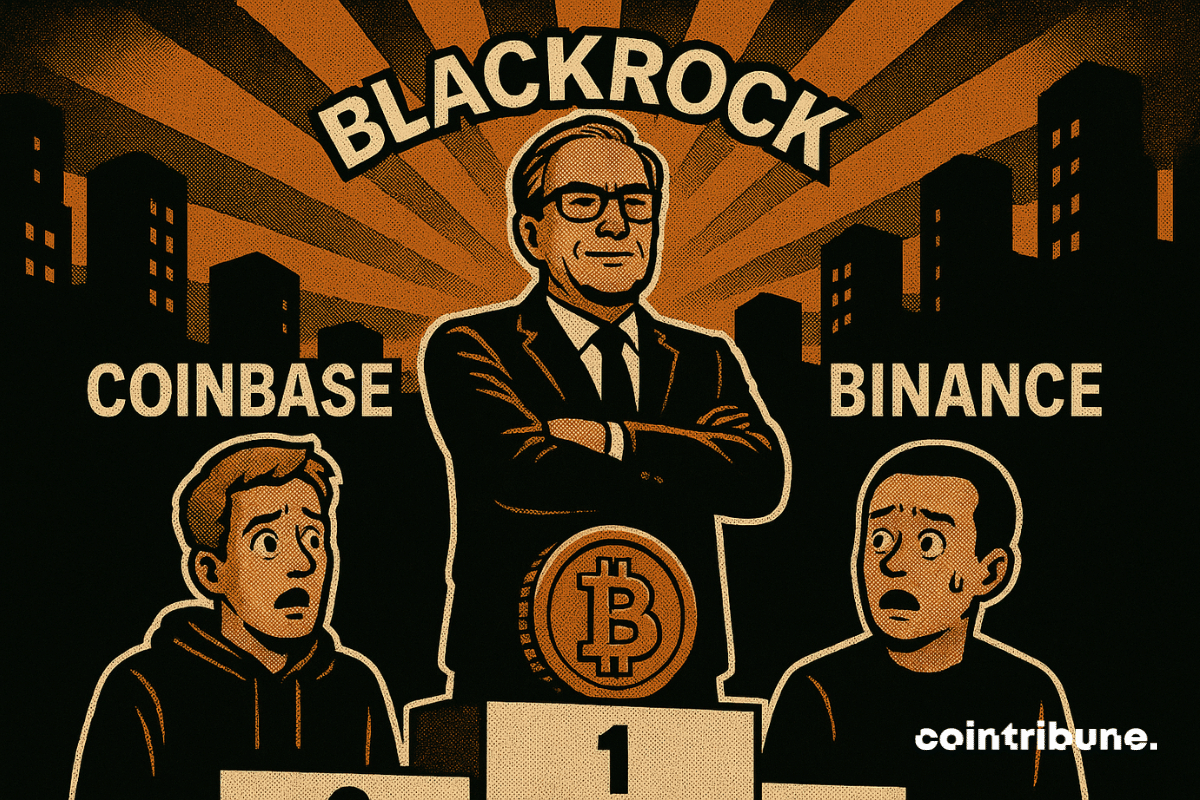 Um homem de terno preto (representando a BlackRock), em pé orgulhosamente no primeiro degrau. Silhuetas representam a Coinbase e a Binance, visivelmente chocadas, nos degraus inferiores.