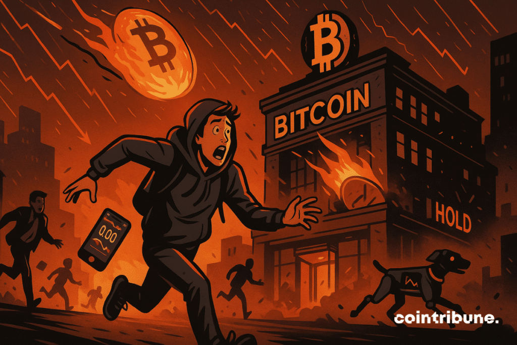 Uma moeda gigante de Bitcoin em chamas cai do céu ao fundo. Parece atingir o telhado do prédio da bolsa de valores, que começa a desabar.