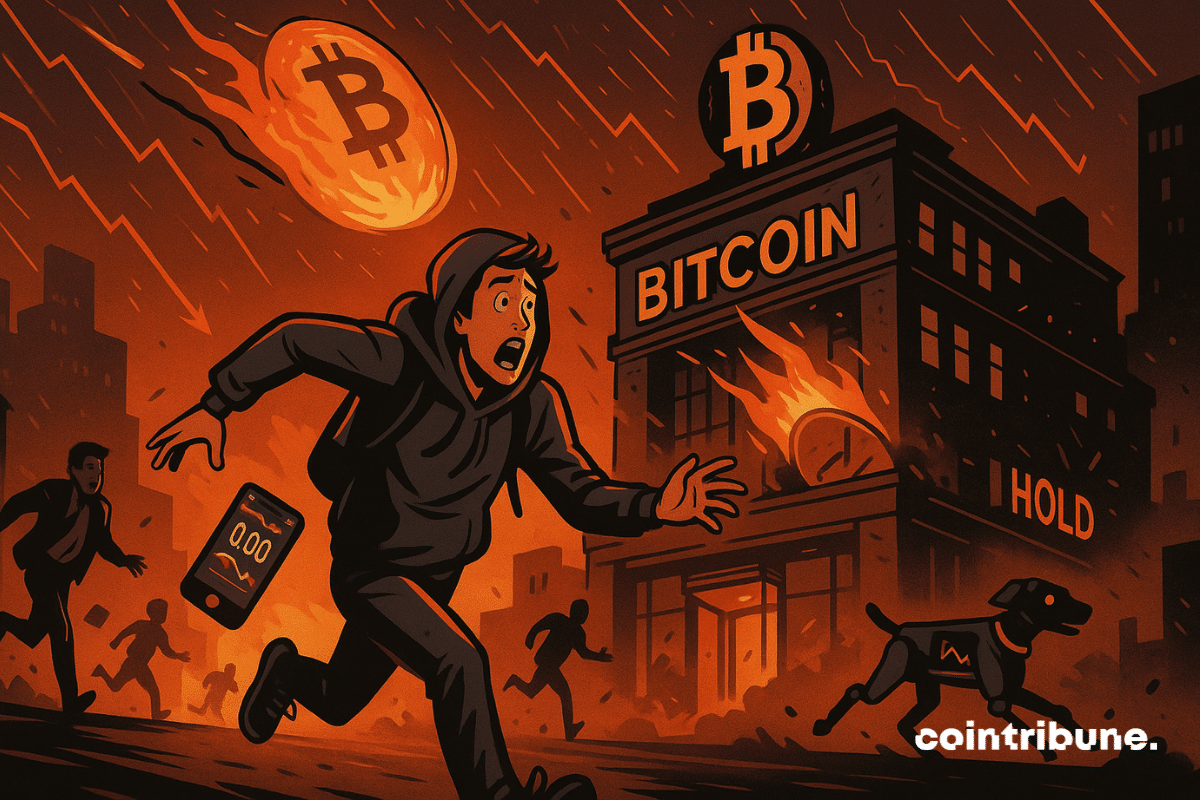 Uma moeda gigante de Bitcoin em chamas cai do céu ao fundo. Parece atingir o telhado do prédio da bolsa de valores, que começa a desabar.