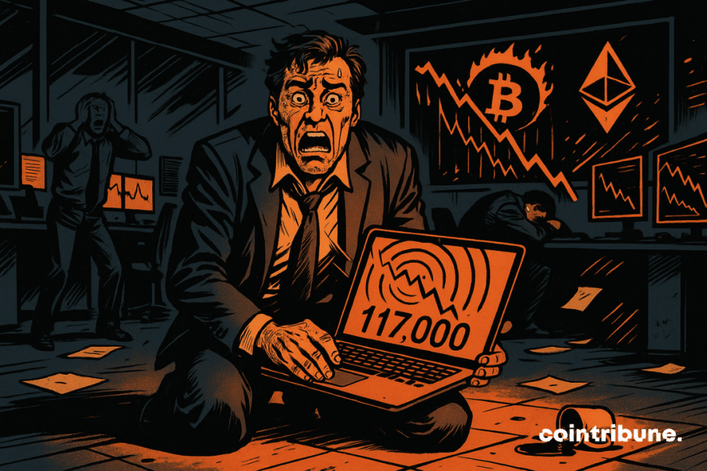 O CEO de uma empresa cripto em crise, sentado no chão com as pernas dobradas, segurando um notebook no colo. Ele está em pânico após a queda do Bitcoin.
