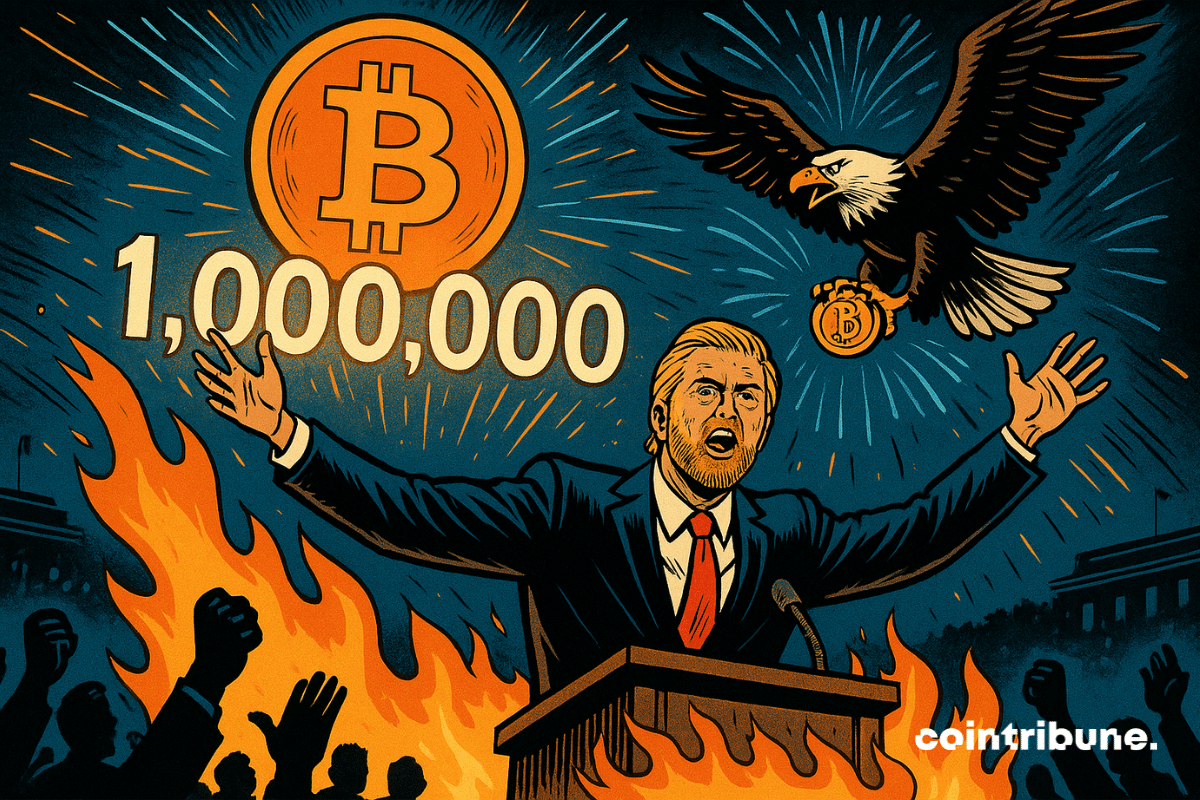 Eric Trump, em pé sobre um pódio em chamas, levantando os braços para o céu. Um enorme Bitcoin laranja flutuando acima dele, com o número “1.000.000” iluminado.