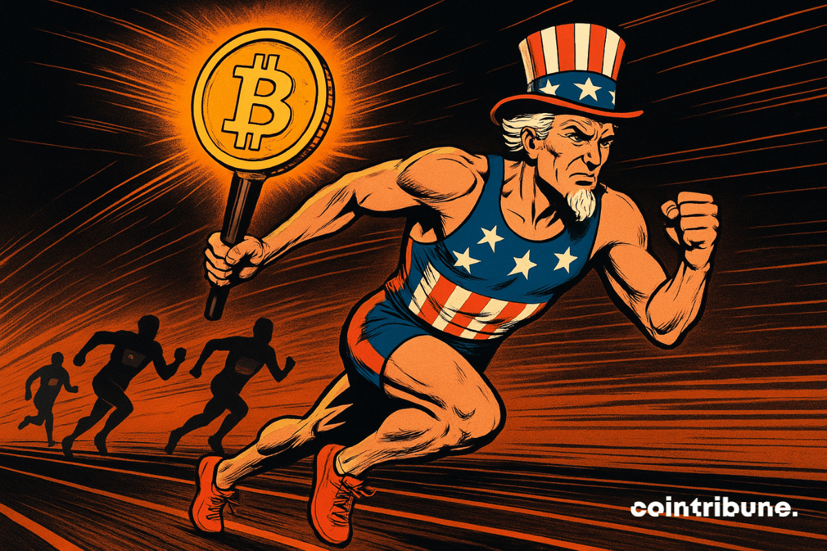 Uncle Sam, dressed as an American sprinter, races down a track holding a flaming Bitcoin like a torch, leaving behind silhouettes of runners representing other nations. An energetic and symbolic image of the United States' leadership in the race to adopt Bitcoin.