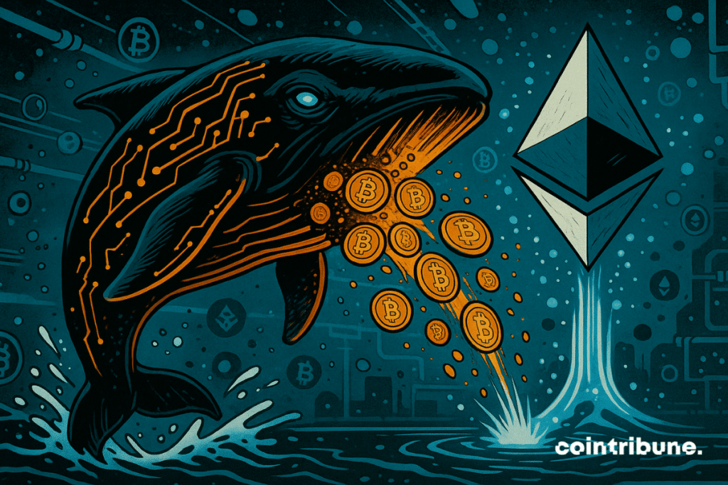 Uma baleia ejeta uma massa de moedas BTC derretidas. Os 2.000 Bitcoins estilizados saem de sua boca em um rastro de moedas incandescentes alaranjadas, sendo atraídas por uma estrutura flutuante cristalina que representa o Ethereum.