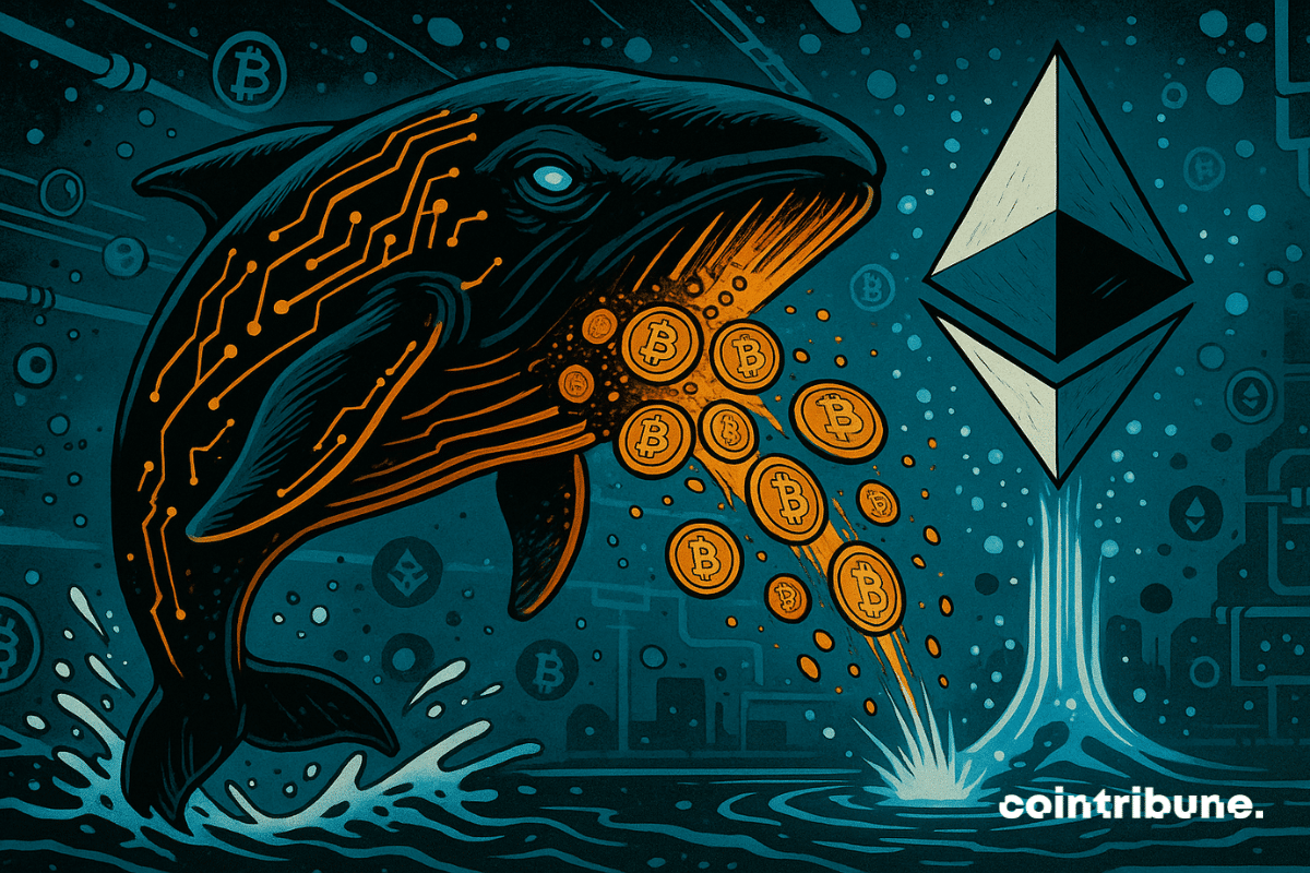 Uma baleia ejeta uma massa de moedas BTC derretidas. Os 2.000 Bitcoins estilizados saem de sua boca em um rastro de moedas incandescentes alaranjadas, sendo atraídas por uma estrutura flutuante cristalina que representa o Ethereum.