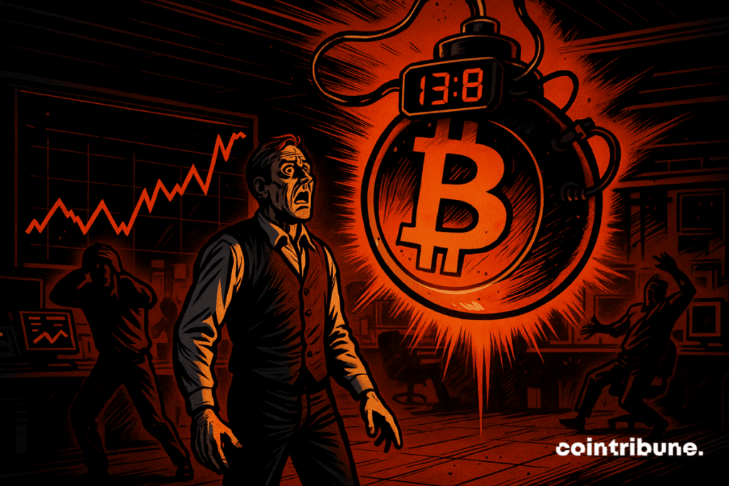 Un trader observa el temporizador de una bomba. La bomba, con forma de Bitcoin, está suspendida en el centro e iluminada por una luz naranja. El contador digital rojo en la parte frontal muestra "13.8" con una tipografía LED vintage.