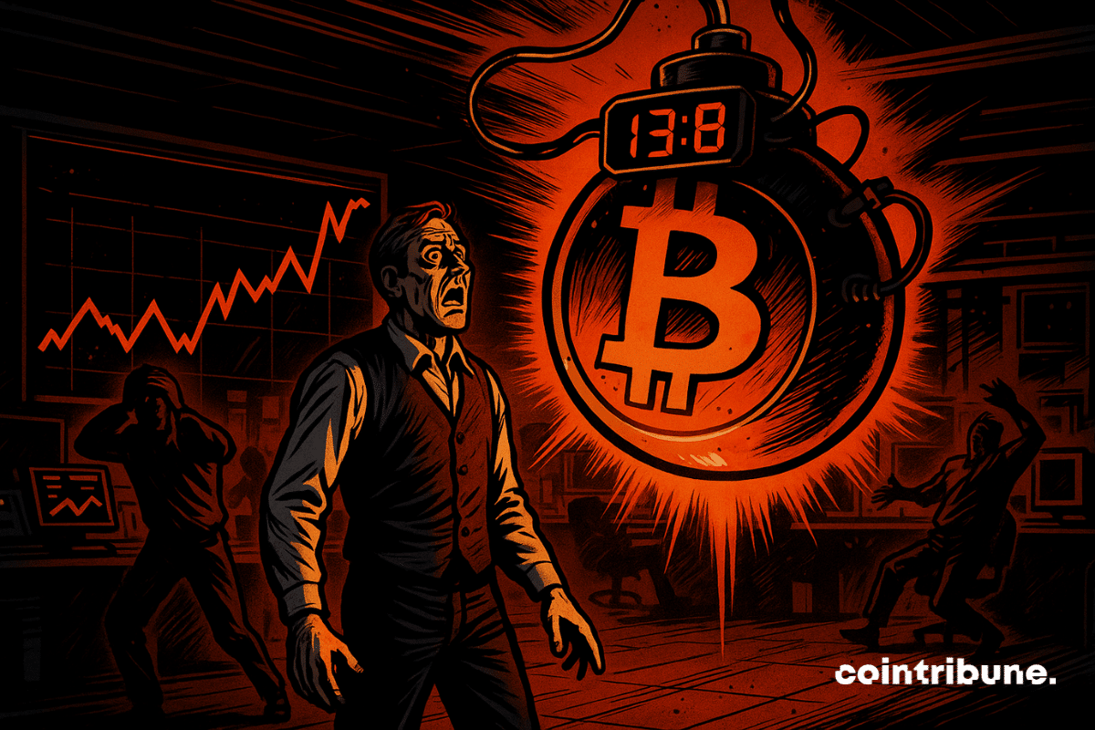 Um trader observa o cronômetro de uma bomba. A bomba, em formato de Bitcoin, está suspensa no centro e iluminada por uma luz laranja. O contador digital vermelho na frente exibe "13.8" em uma fonte LED retrô.