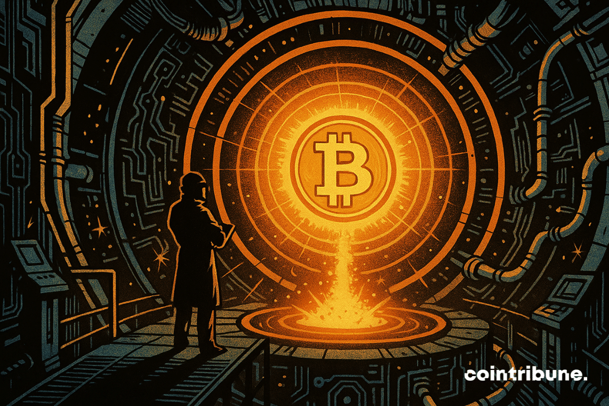 Un reactor circular estilizado, con forma de cámara energética ultra tecnológica. En su centro: un núcleo luminoso con forma del logo de Bitcoin, irradiando con fuerza. Un técnico futurista se vislumbra en sombra sobre una plataforma suspendida sobre el reactor. El núcleo de Bitcoin, una esfera o disco brillante del que emanan pulsos de energía circulares, simboliza el repunte del hashrate.
