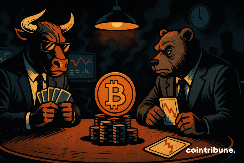 Dois investidores jogam pôquer em um clima muito tenso, típico de um duelo psicológico. Uma pilha de fichas no centro da mesa com uma ficha gigante de Bitcoin laranja no topo, iluminada como um troféu.