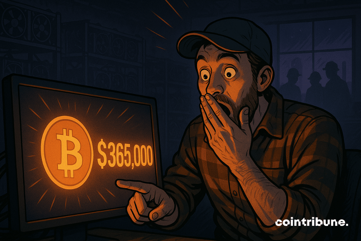Um minerador de Bitcoin atordoado reage a uma vitória de US$ 365.000 em sua tela dentro de uma instalação de mineração mal iluminada.