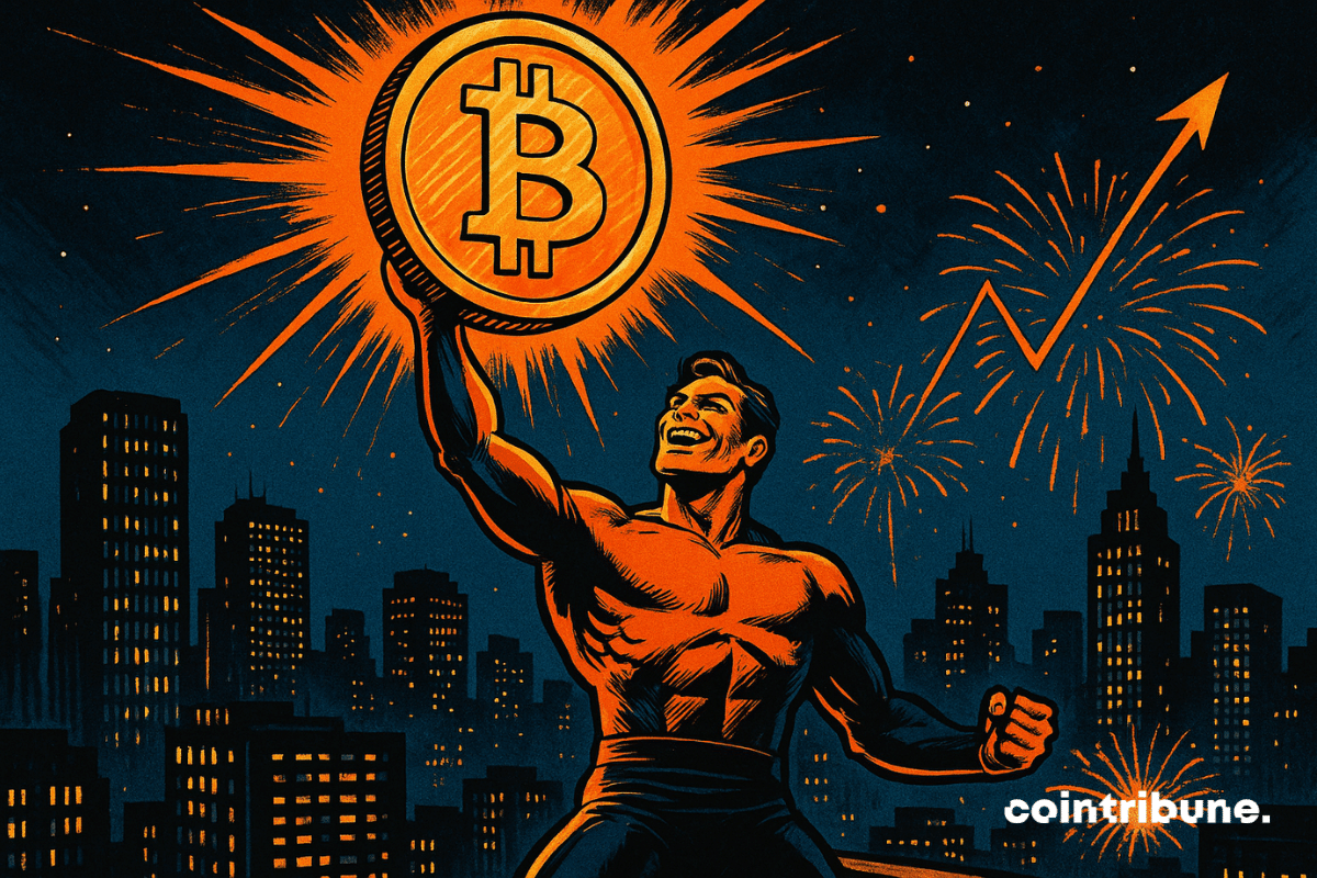 Um herói do Bitcoin triunfante após atingir um novo recorde histórico.