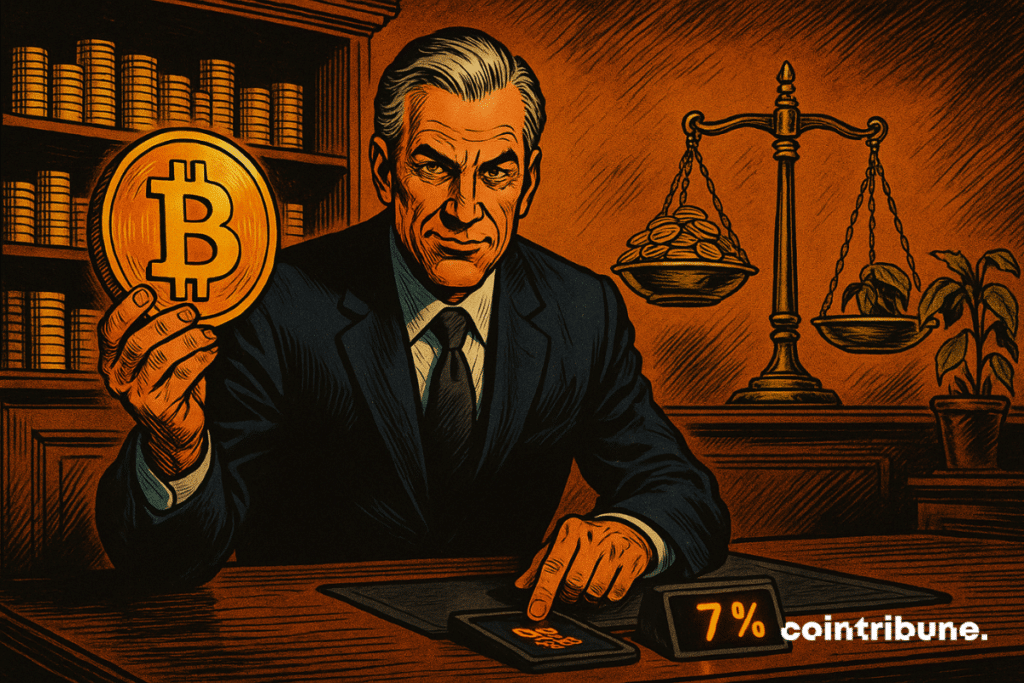 Um empresário segura uma moeda de Bitcoin gigante e brilhante em um gesto de demonstração.