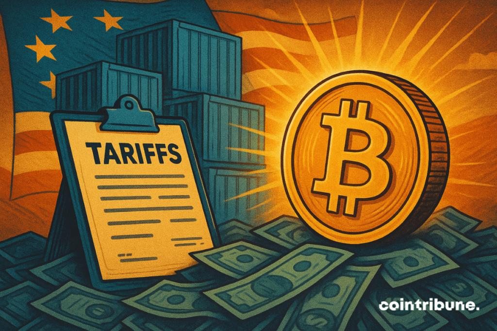 Ilustración de una moneda Bitcoin dorada junto a un portapapeles etiquetado como “Aranceles”, rodeado de billetes de dólares estadounidenses y contenedores de envío, con la bandera estadounidense en el fondo.