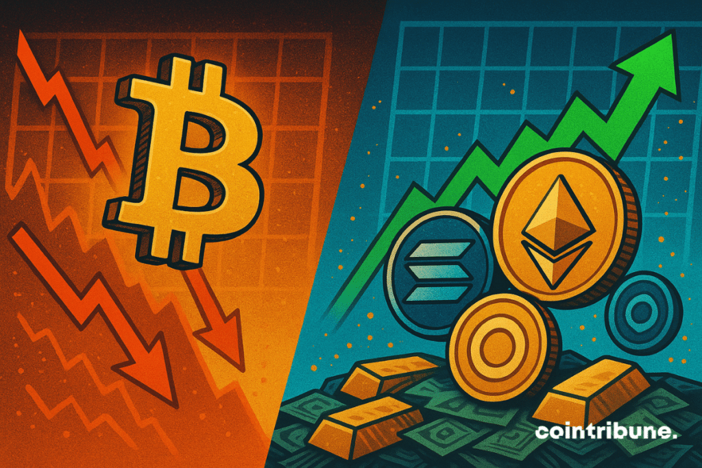 El precio de Bitcoin cae mientras Ethereum, Solana y otras criptomonedas suben en un contexto de gráficos financieros.