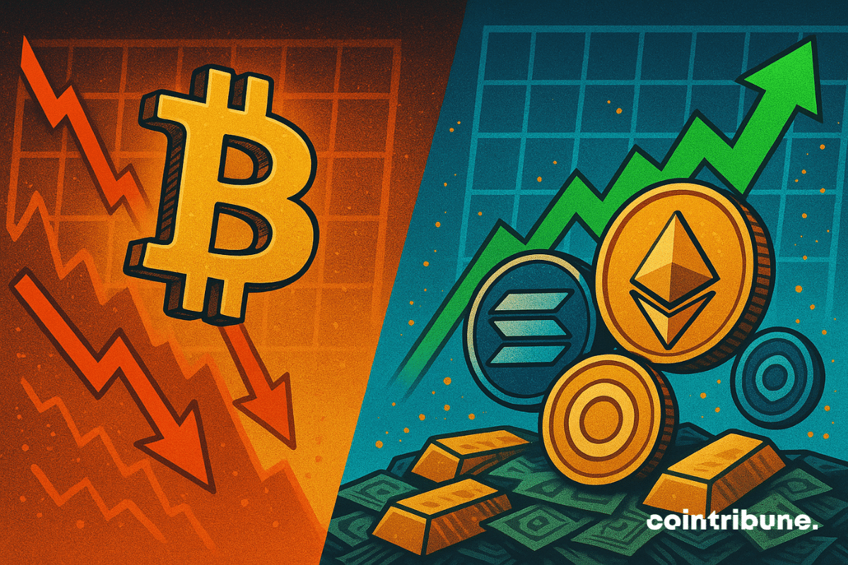 El precio de Bitcoin cae mientras Ethereum, Solana y otras criptomonedas suben en un contexto de gráficos financieros.
