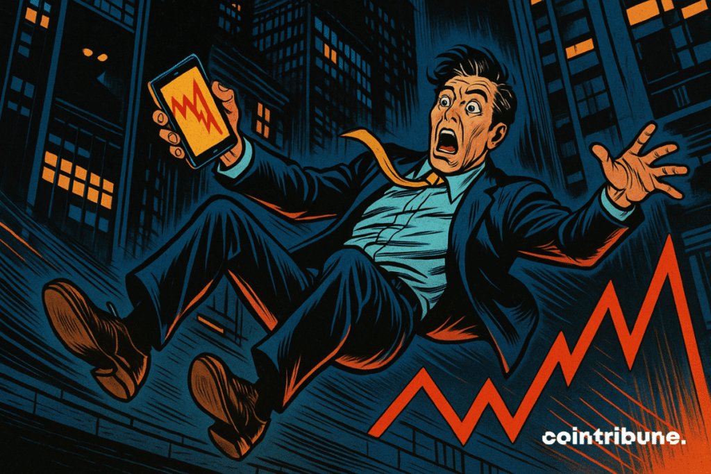Un trader suspendido en el aire sobre un gráfico en caída libre, simbolizando la bajada del Bitcoin.