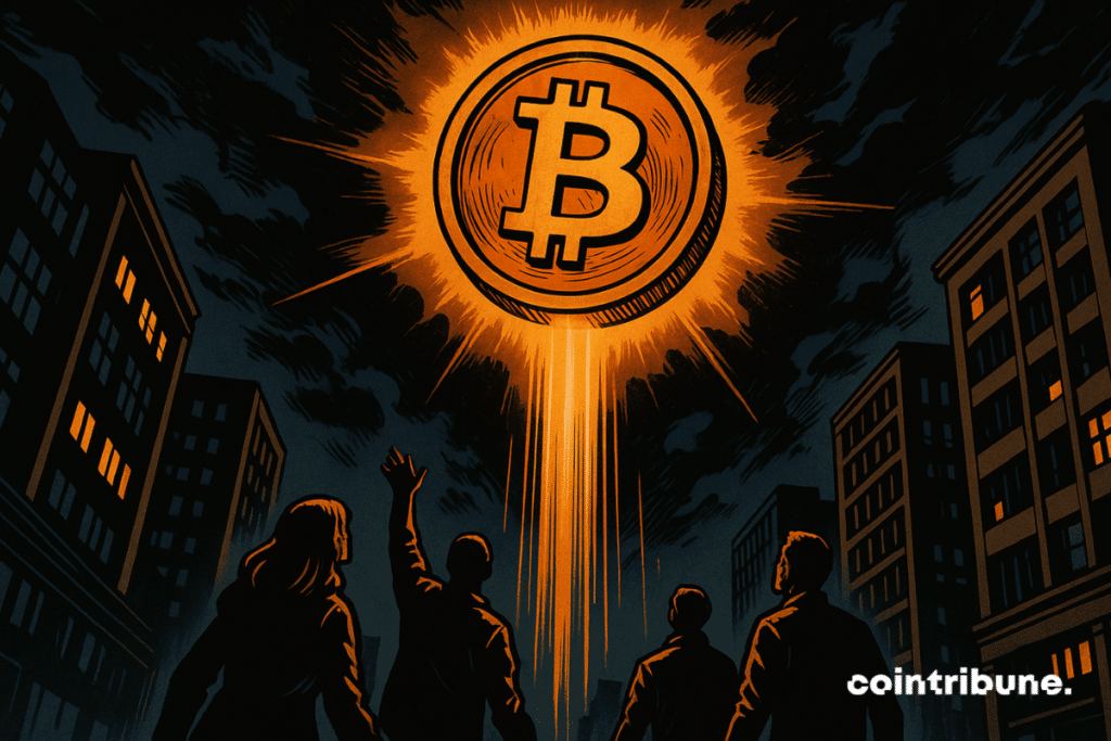 A giant Bitcoin coin rises into the night sky above the city, with an orange glowing halo, while silhouettes watch from the street.