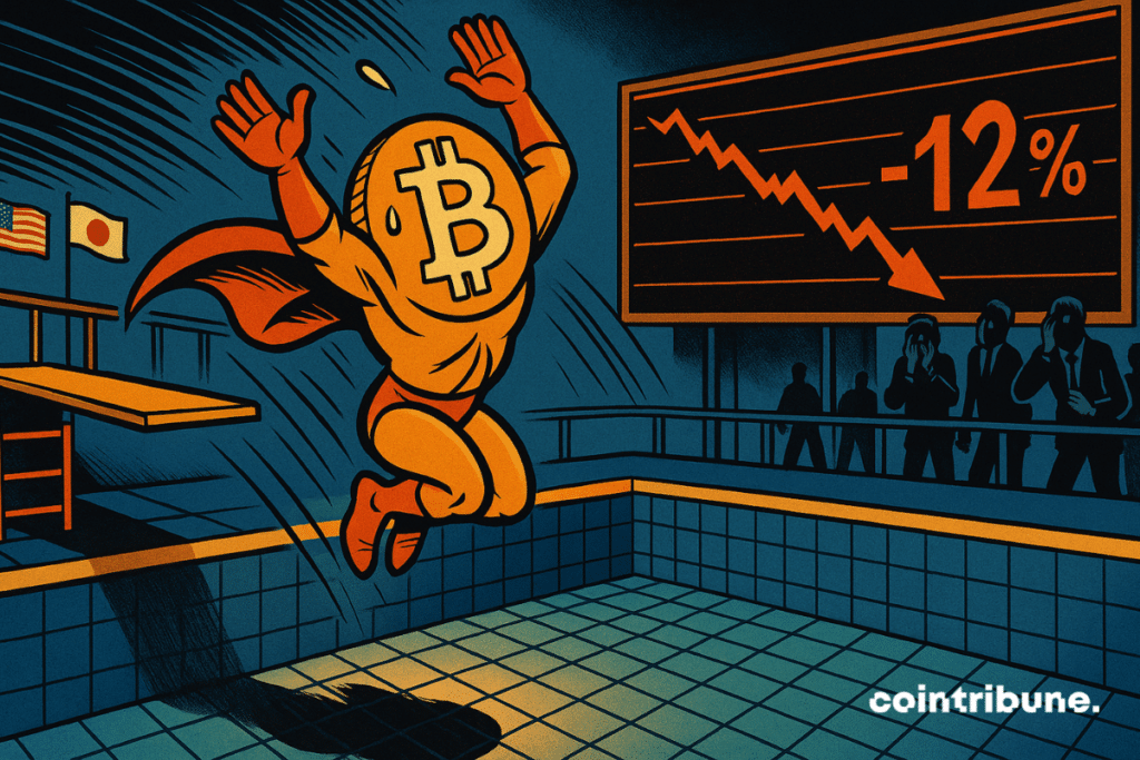 Um Bitcoin antropomorfizado salta do trampolim com confiança.