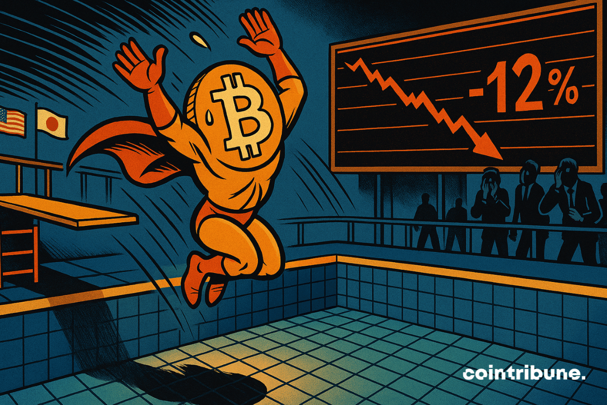 Um Bitcoin antropomorfizado salta do trampolim com confiança.