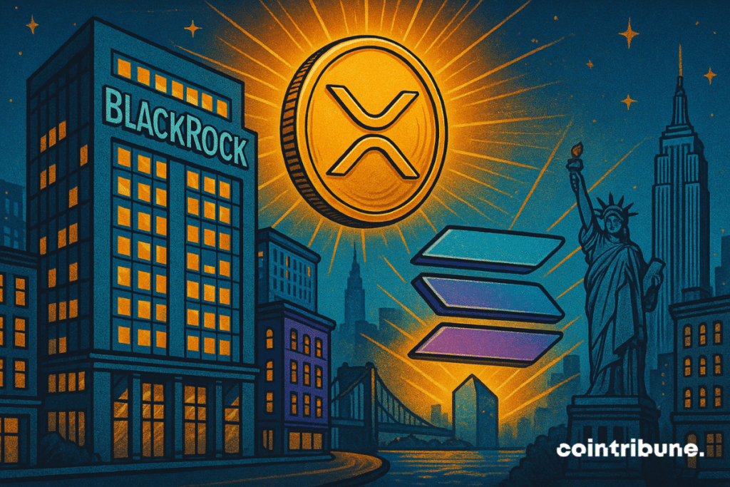 Illustration of Blackrock’s headquarters with large glowing XRP and Solana logos in the New York City skyline, symbolizing potential spot ETF launches.