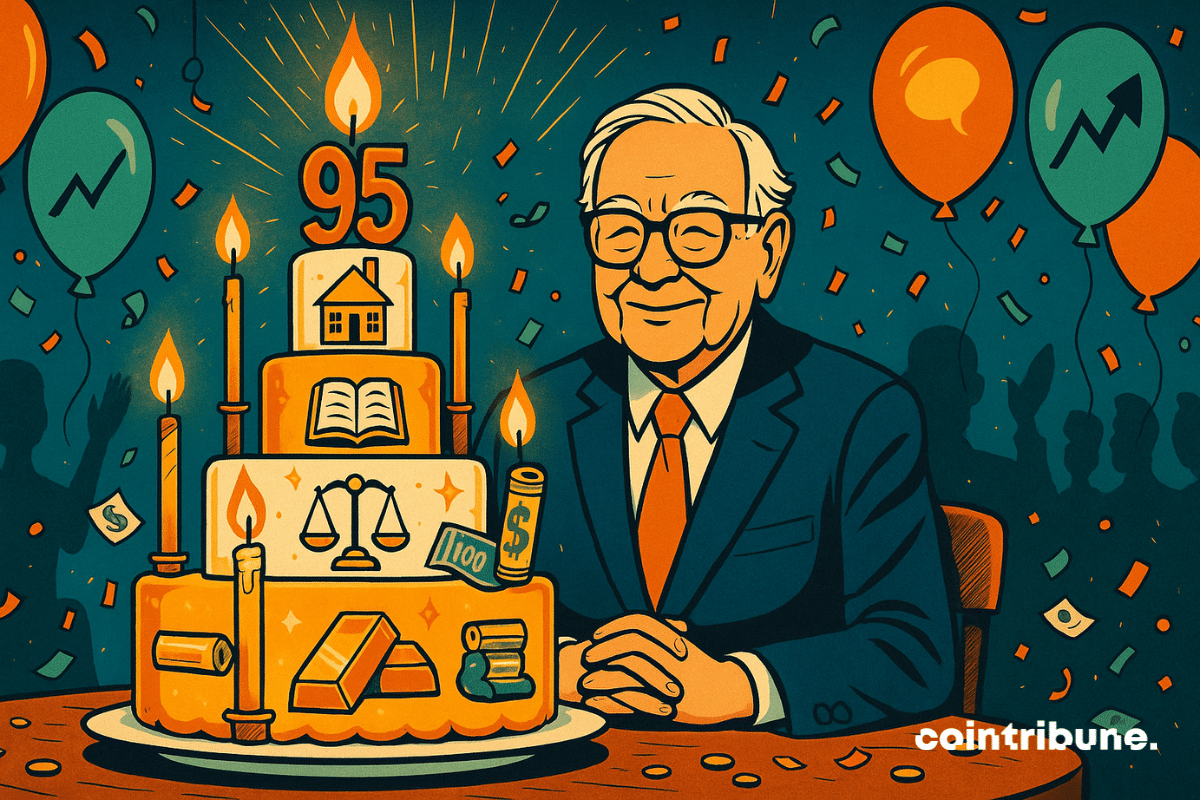 Warren Buffett sits at a festive table, hands clasped in front of a towering five-tier birthday cake, graphically stylized, with each tier visually representing a key principle through a symbol.