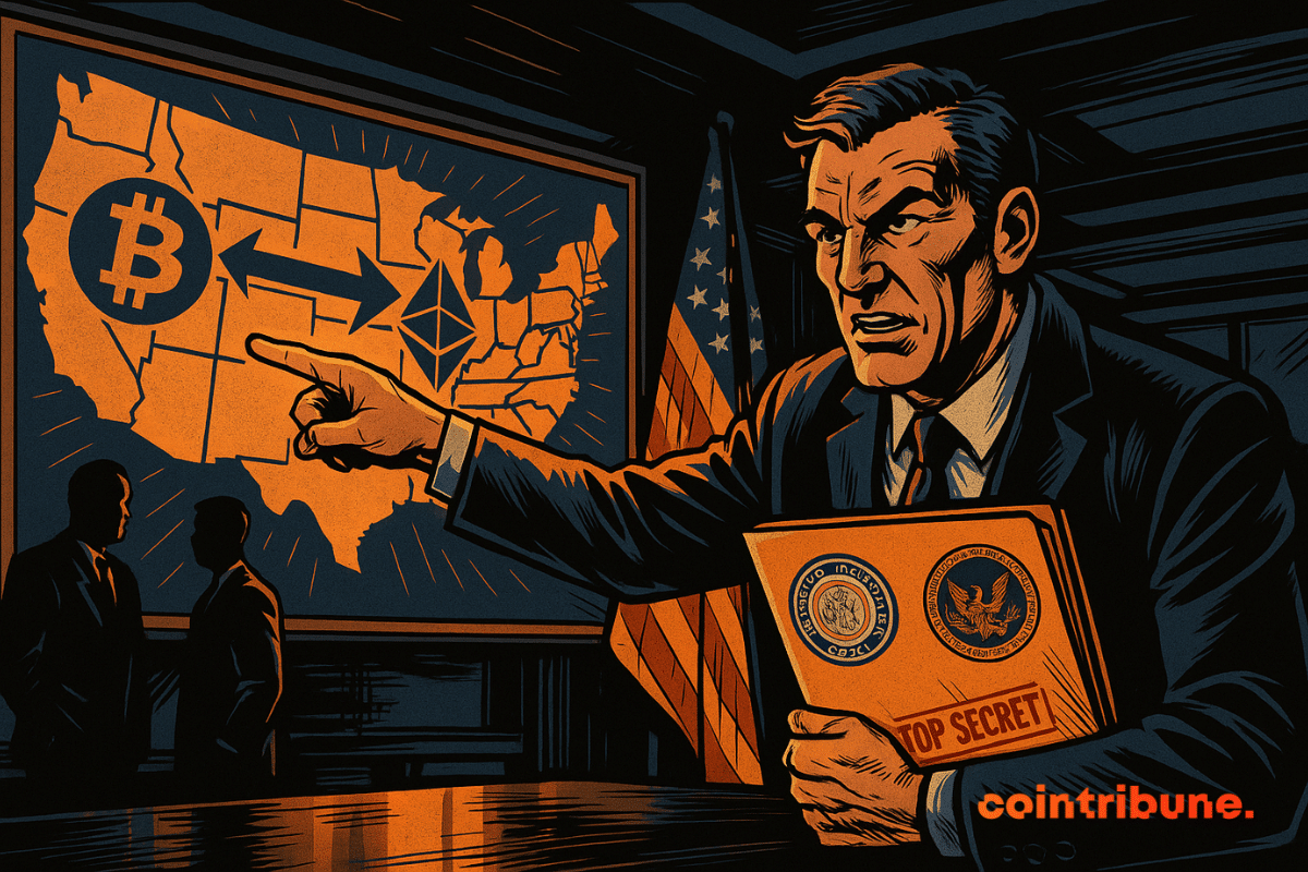 Agente americano apontando para um mapa criptográfico dos Estados Unidos, atmosfera sombria, arquivo ultrassecreto, bandeira dos EUA, tensão estratégica, estilo de história em quadrinhos.