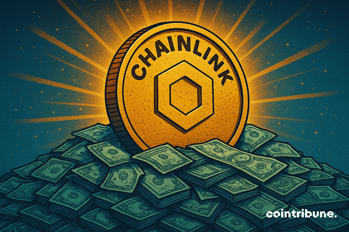 Illustration of a large golden Chainlink coin radiating light, resting on a massive pile of dollar bills against a dark starry background.
