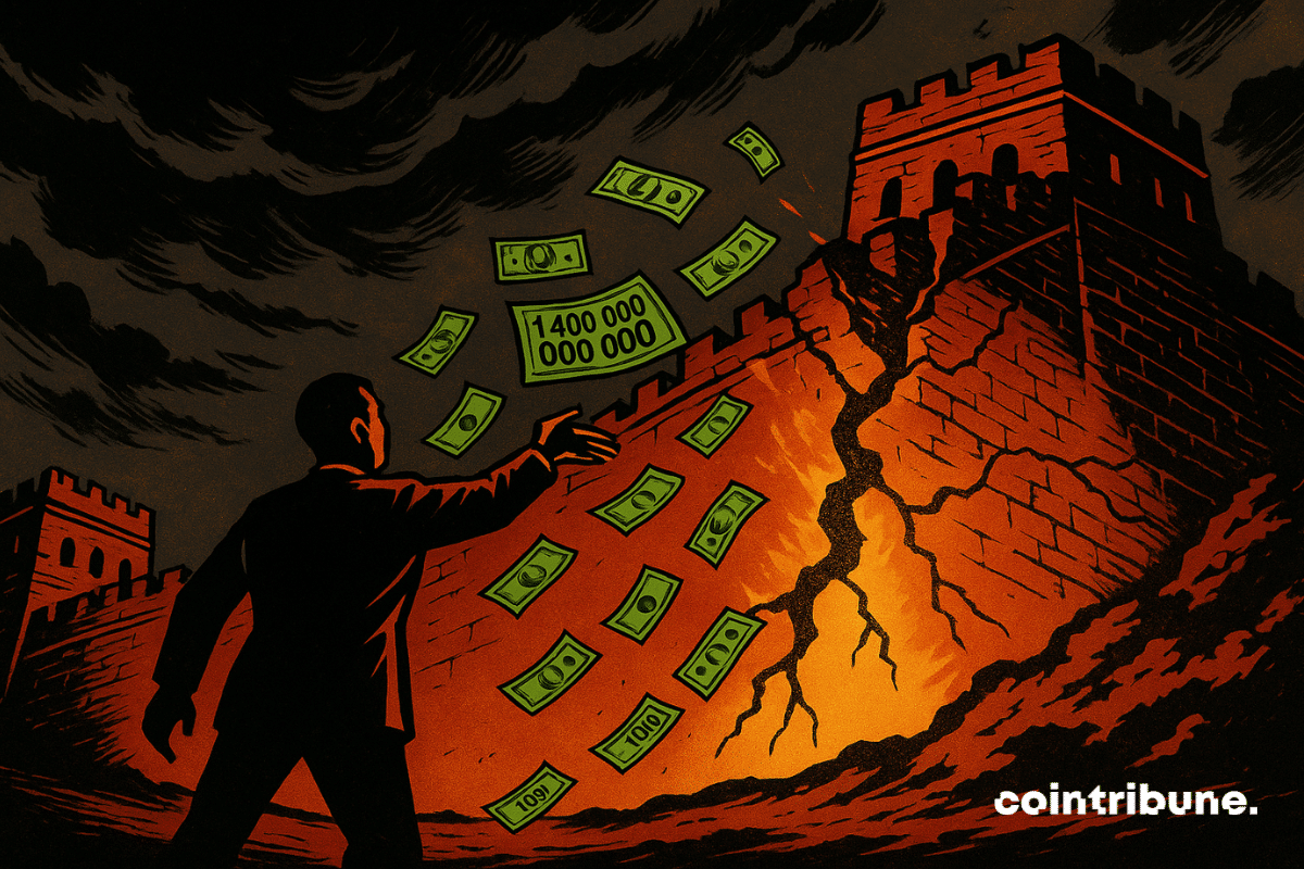 Une silhouette chinoise jette une pluie de billets pour la maintenir debout. Le mur se redresse partiellement là où l’argent tombe, ce qui symbolise l’injection des 1400 milliards de dollars par la PBOC pour sauver le marché obligataire en Chine.