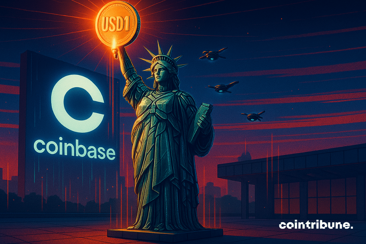 Estátua da Liberdade futurista segurando uma moeda de US$ 1, drones voando e logotipo da Coinbase ao fundo.