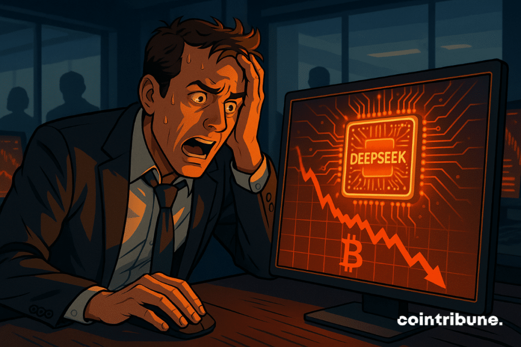 Un comerciante en pánico frente a su pantalla observa cómo el chip de inteligencia artificial DeepSeek provoca una fuerte caída en el mercado de criptomonedas.