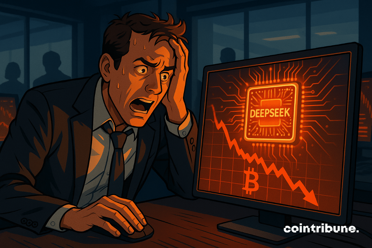 A panicked trader in front of his screen watches as the DeepSeek AI chip causes the crypto market to plummet.