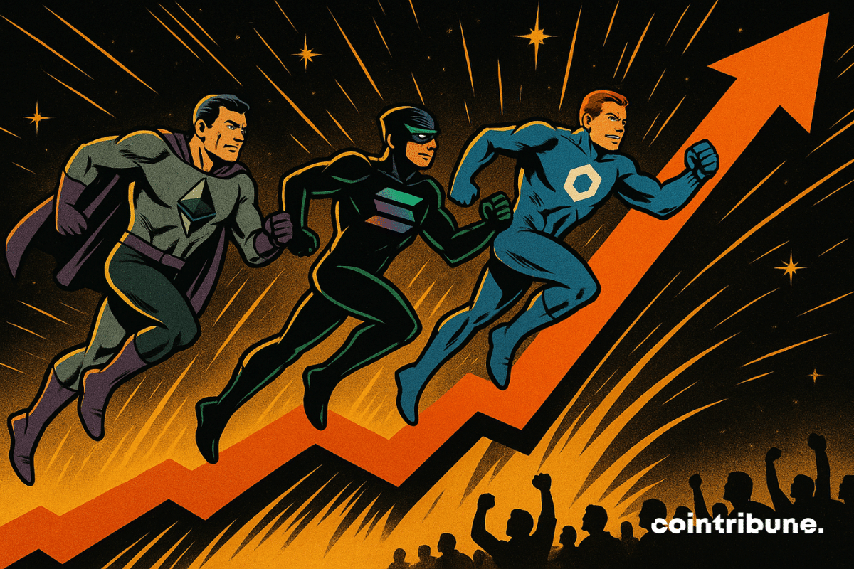 Uma enorme curva ascendente ao fundo, sobre a qual correm três super-heróis que representam as criptomoedas Ethereum, Solana e Chainlink.