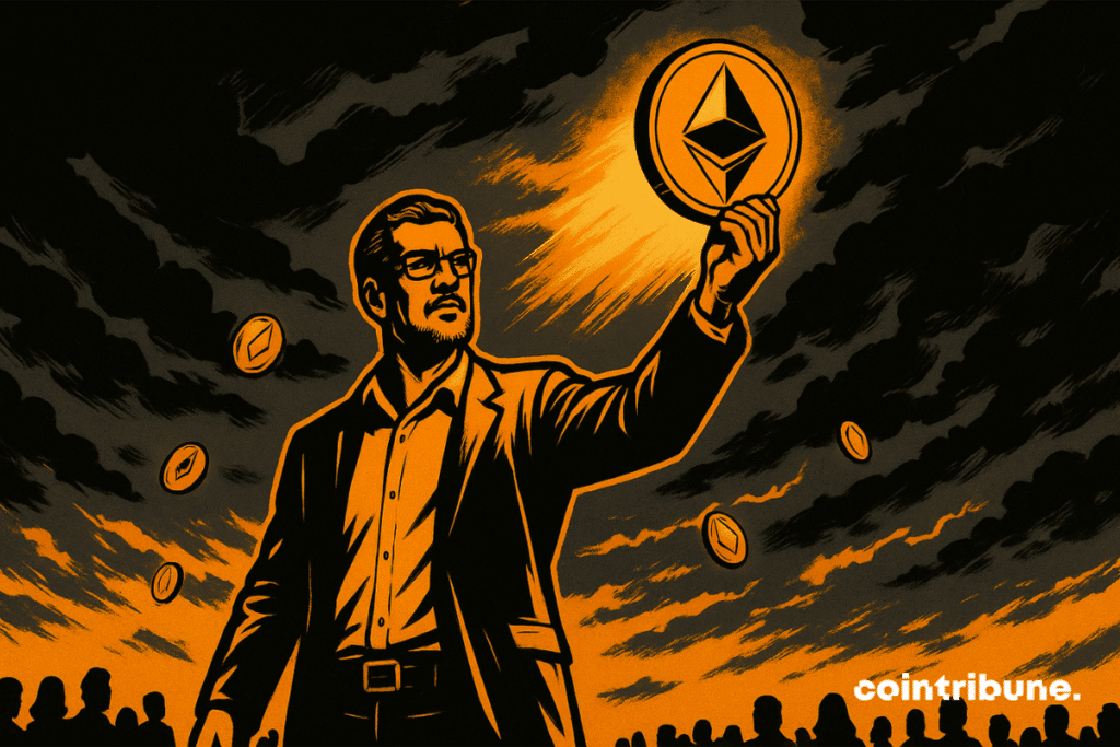 Arthur Hayes, a renowned crypto investor, with his right arm raised toward the sky, holds a large, shiny golden Ethereum (ETH) token.