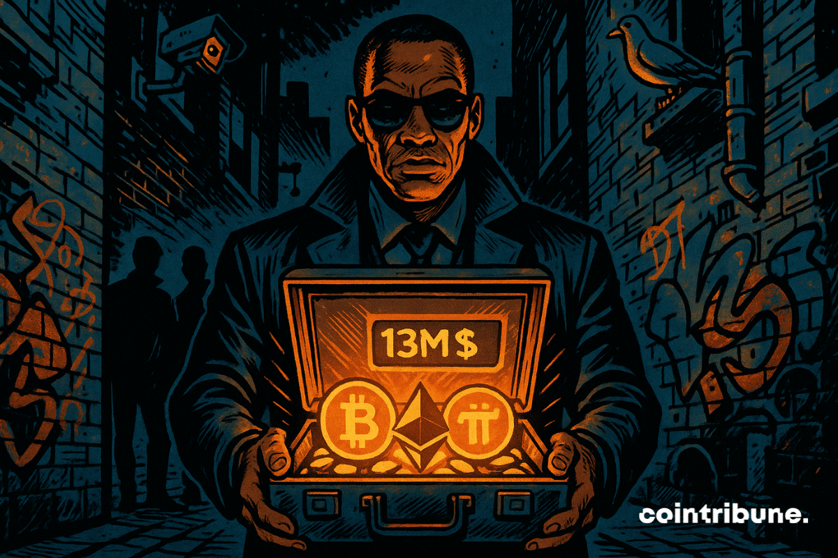 Arthur Hayes facing forward, holding a slightly open briefcase. The briefcase emits an intense orange glow, highlighting stylized crypto symbols (Bitcoin, Ethereum, Pi…).