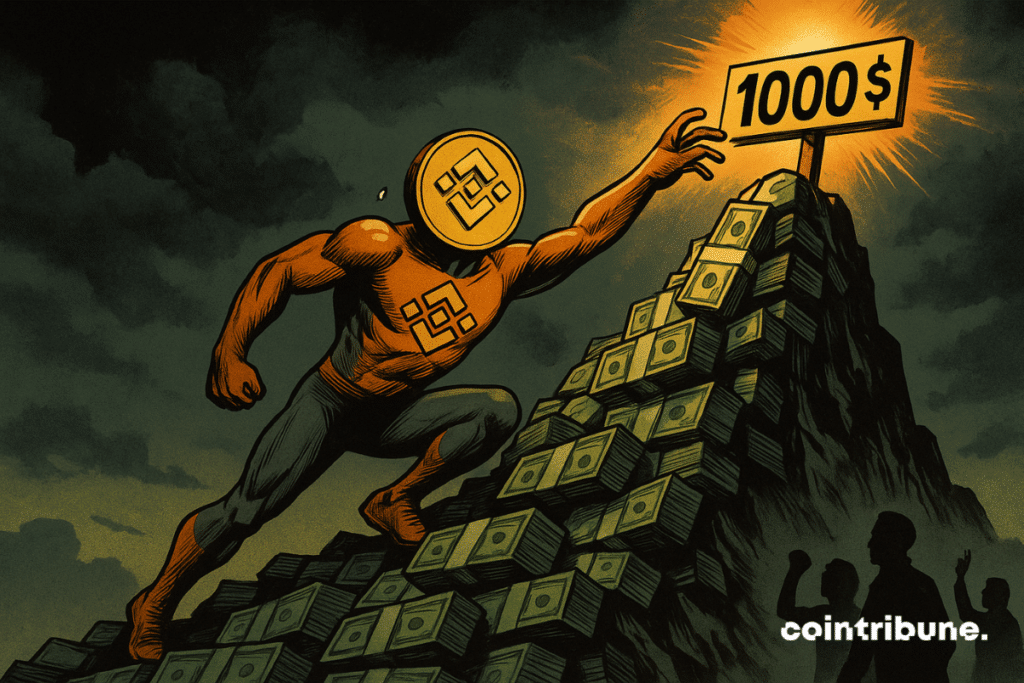 The BNB crypto is personified as a golden humanoid figure, with a stylized BNB logo on its chest, wearing a high-tech climbing outfit in orange and black. It climbs bare-handed, hanging onto a banknote-shaped rock, its face strained with effort and a bead of sweat on its temple. Its eyes are locked onto a sign marked “00” planted at the top of a sunlit summit.