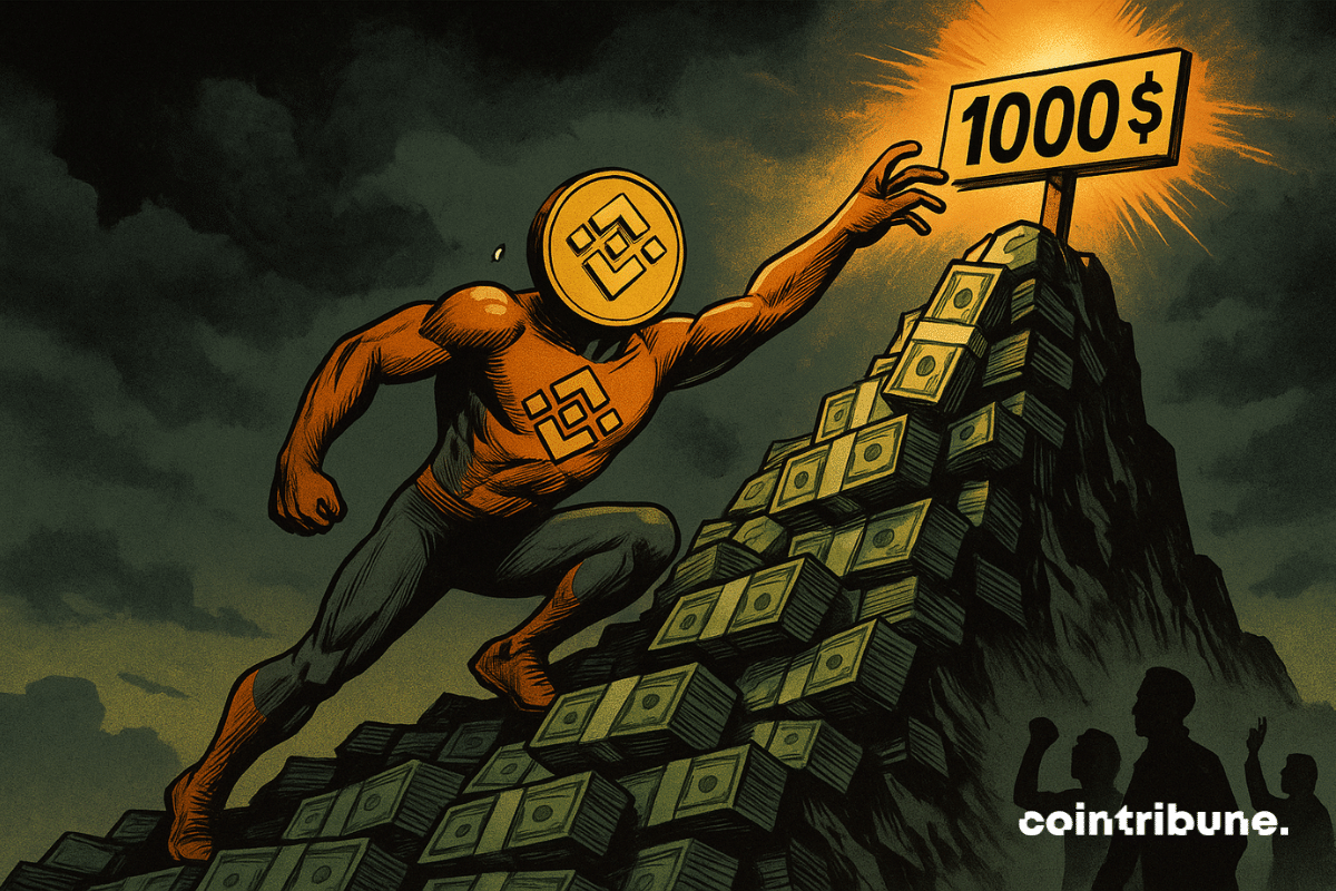The BNB crypto is personified as a golden humanoid figure, with a stylized BNB logo on its chest, wearing a high-tech climbing outfit in orange and black. It climbs bare-handed, hanging onto a banknote-shaped rock, its face strained with effort and a bead of sweat on its temple. Its eyes are locked onto a sign marked “00” planted at the top of a sunlit summit.
