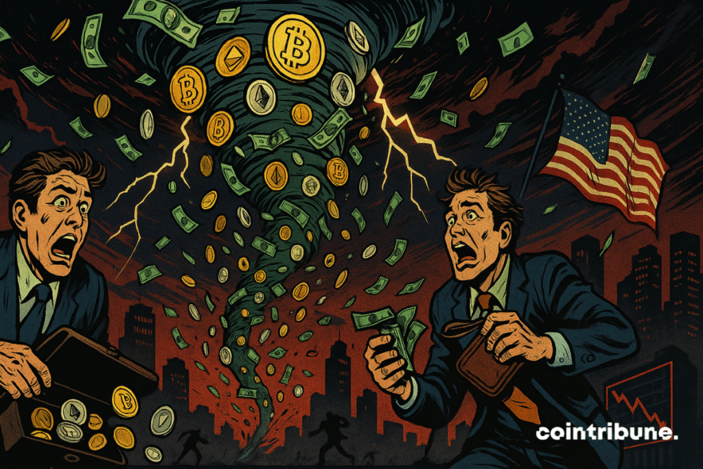 Um turbilhão de notas de dólar e moedas cripto (BTC, ETH) sendo sugado para um céu vermelho vivo. Traders e investidores de criptomoedas tentam segurar suas carteiras ou sacos de moedas, simbolizando o pânico relacionado à divulgação dos dados da inflação nos EUA.