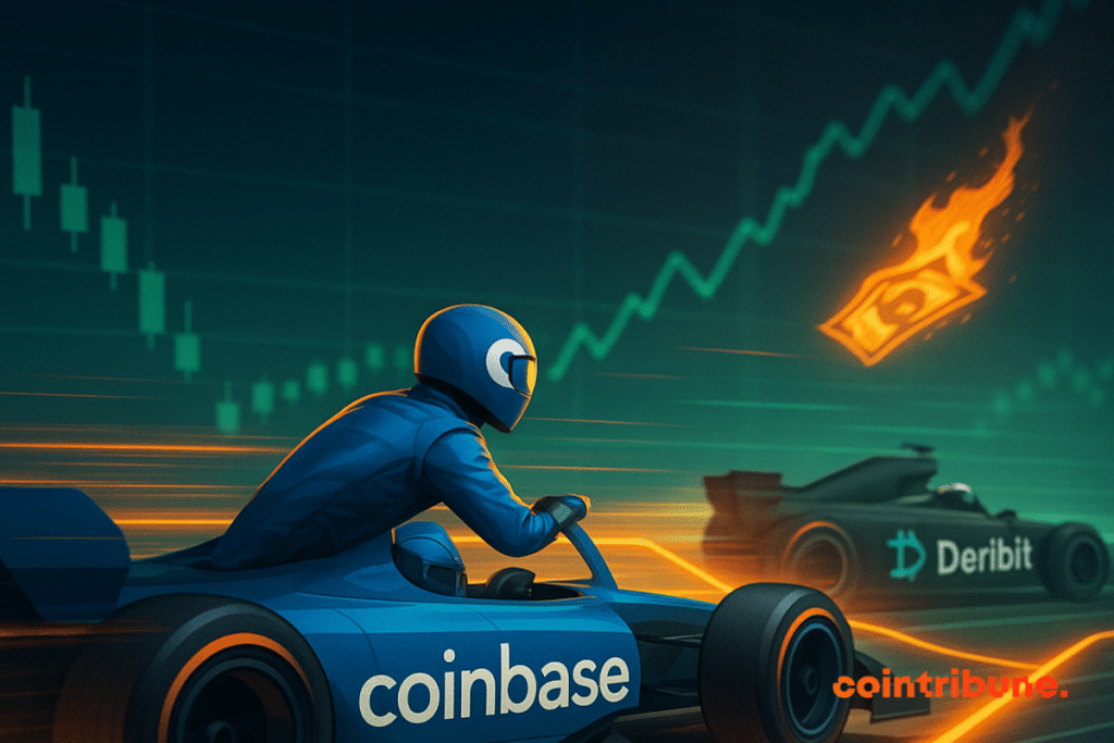 Corrida cripto futurista entre a Coinbase e a Deribit, simbolizando a dominação do mercado de derivativos no mundo digital.