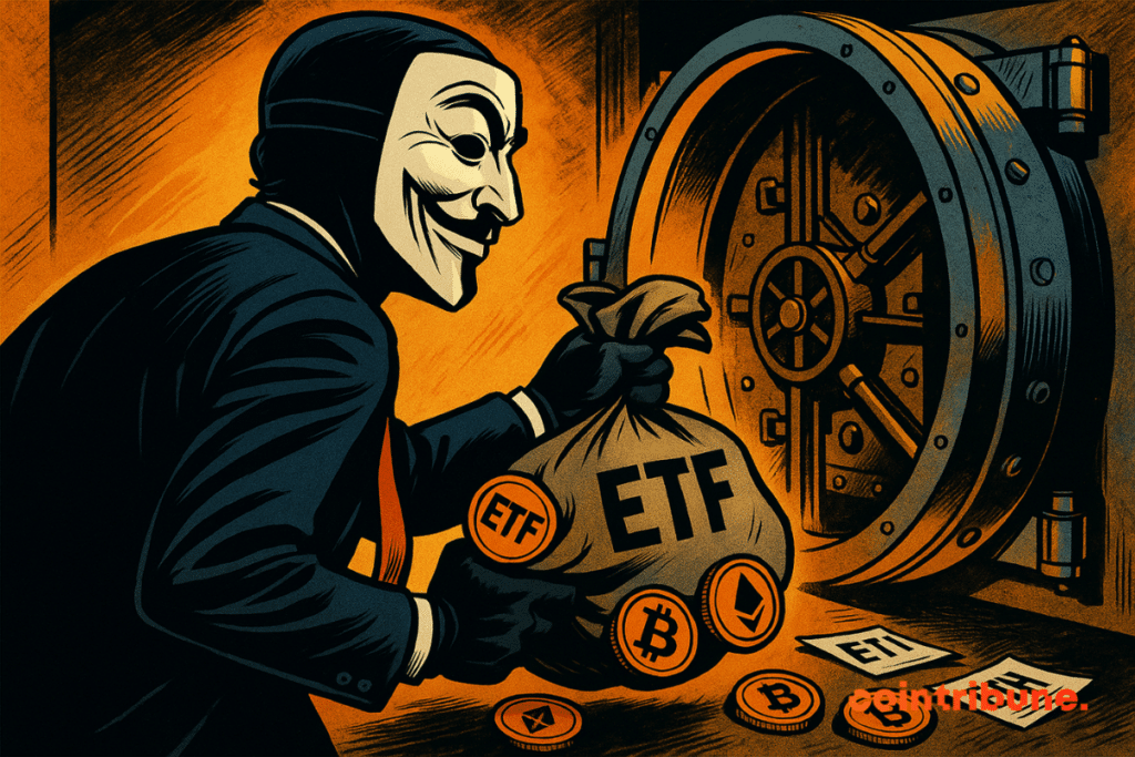 Una figura enmascarada y con traje roba una bolsa con la etiqueta "ETF" de una bóveda de color naranja brillante, de la que salen monedas de Bitcoin y Ethereum.